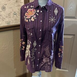 Johnny Was Purple Embroidered Button Down Shirt